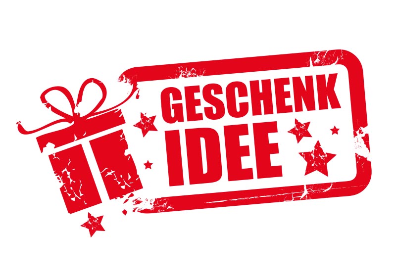 rote Grafik mit einer Geschenkbox und dem Schriftzug Geschenkidee